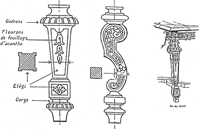 Vintage architectural drawing showing detailed ornamental leg designs with labeled sections and decorative carvings